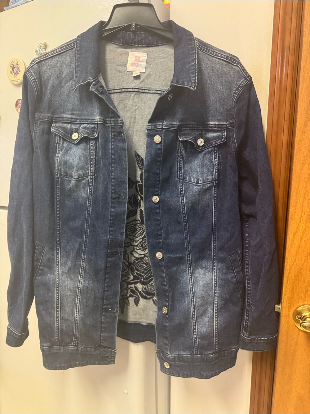 LuLaRoe Jackson Dark Blue Washed Denim Jean Jacket with black rose embroidery
